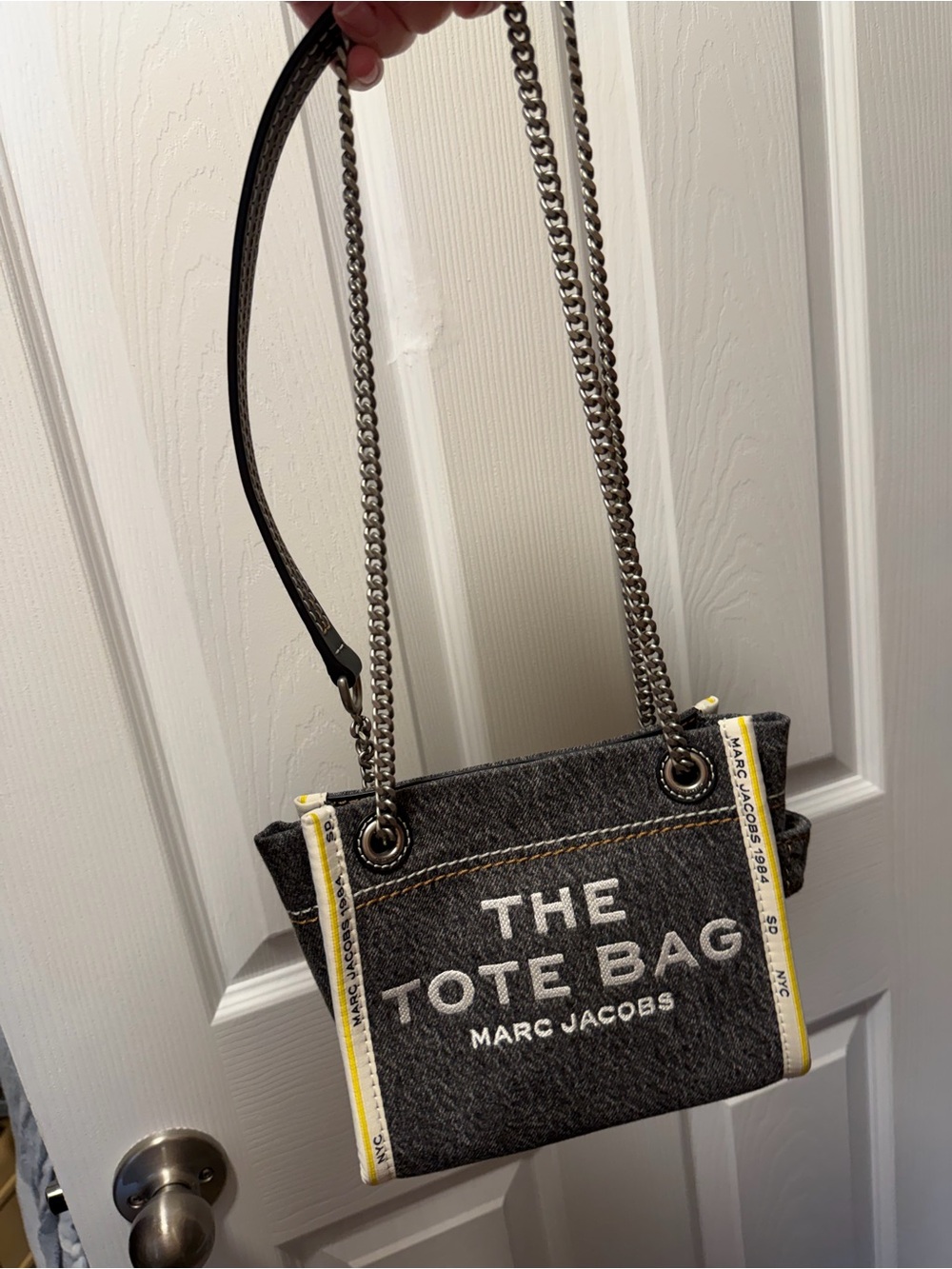 Marc Jacobs Grey Denim Tote with Yellow Trim and Silver Chain